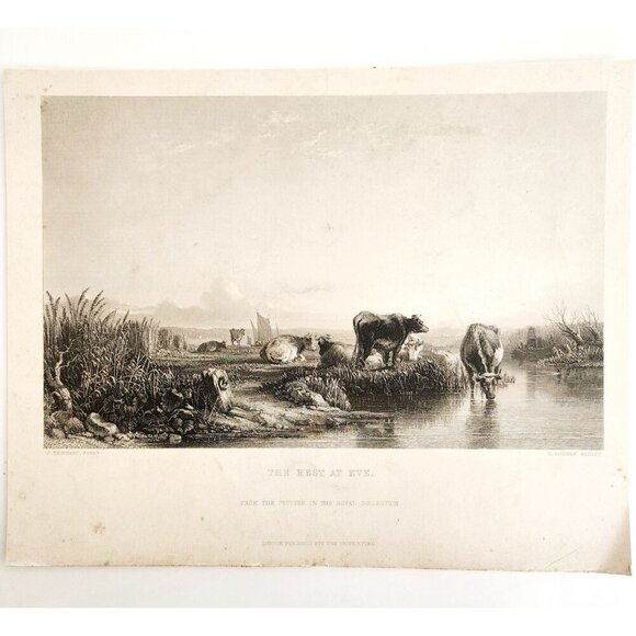 1870s The Rest At Eve Steel Engraving Victorian Tennant Farm Animals DWXX8 - Picture 2 of 2